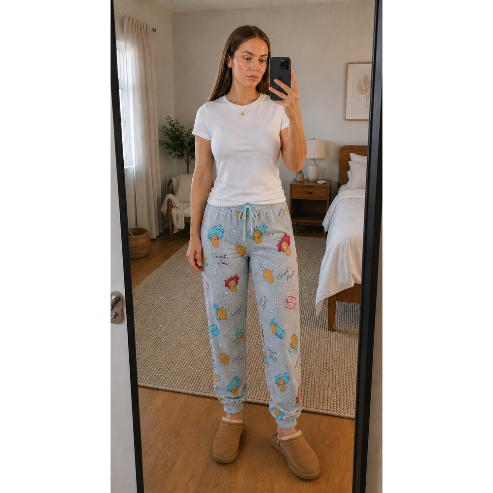 Briefly Stated Womens Pajama Joggers Large Gray Couch Potato Novelty Cozy Lounge